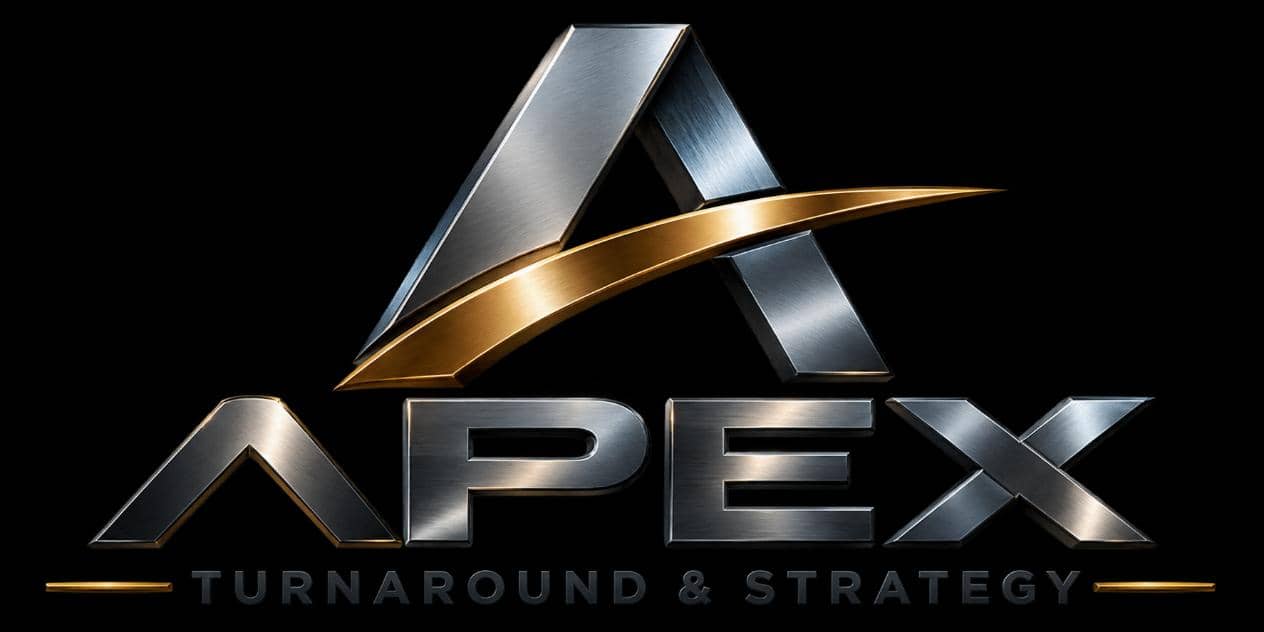 Apex Turnaround & Strategy: logotipo plateado y dorado sobre fondo negro.